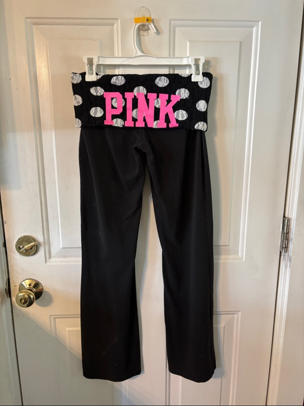 PINK Victoria's Secret Black Leggings with Polka Dot Fold-Over Waistband